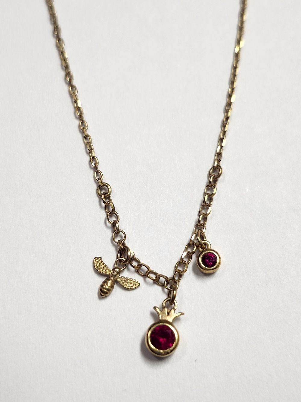 Gold Over Sterling Kurshuni Necklace With Rubies and Bee Charm Dainty